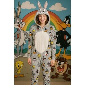 Looney Tunes Bugs Bunny Hooded Pajama Onesie Gray Cartoon Print Sleepwear M